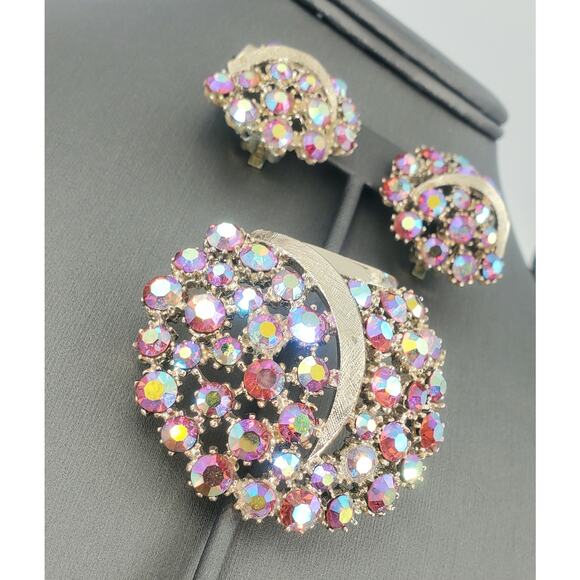 Vintage Art Mode-Art Arthur Pepper Aurora Borealis Brooch & Clip On Earrings Set - Picture 10 of 11